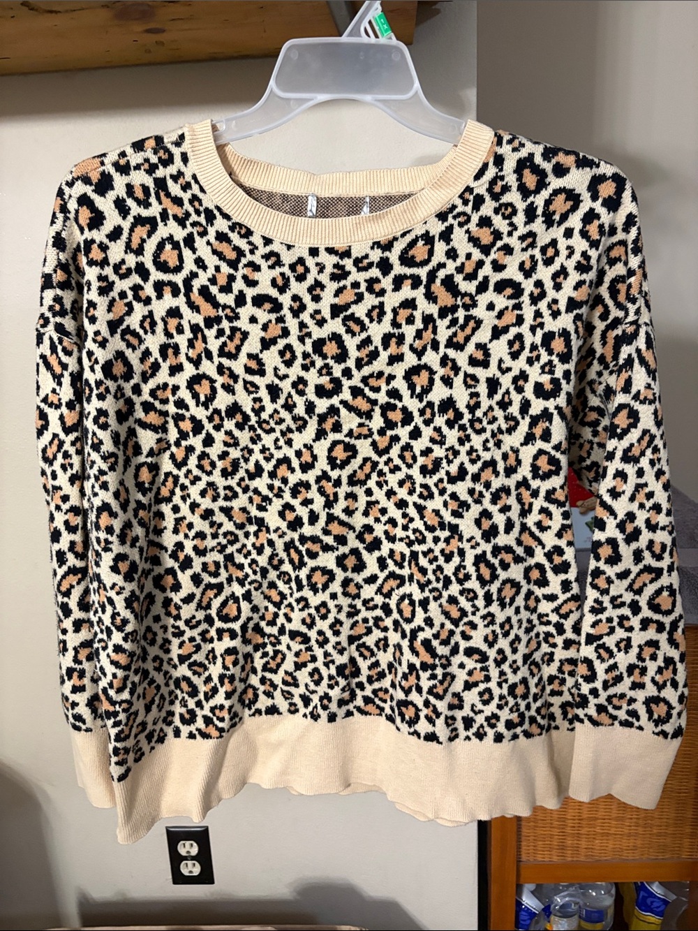 Leopard Print Crewneck Sweater in Cream and Tan